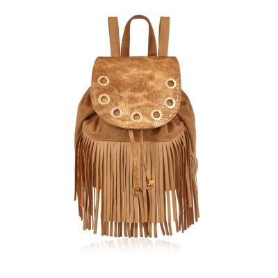 Girls tan brown fringed backpack